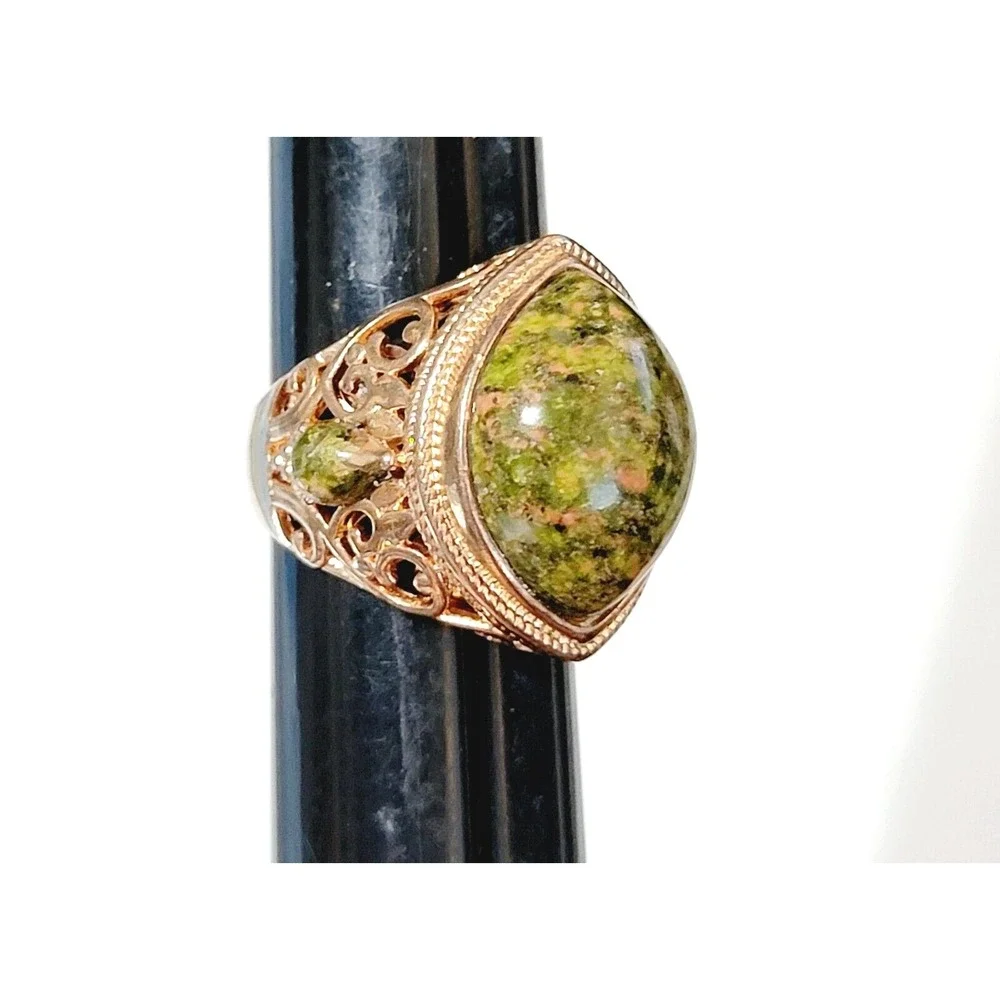 Vintage Rose Gold Green Agate Ornate Mogul Fashion Ring JZ China Size 8